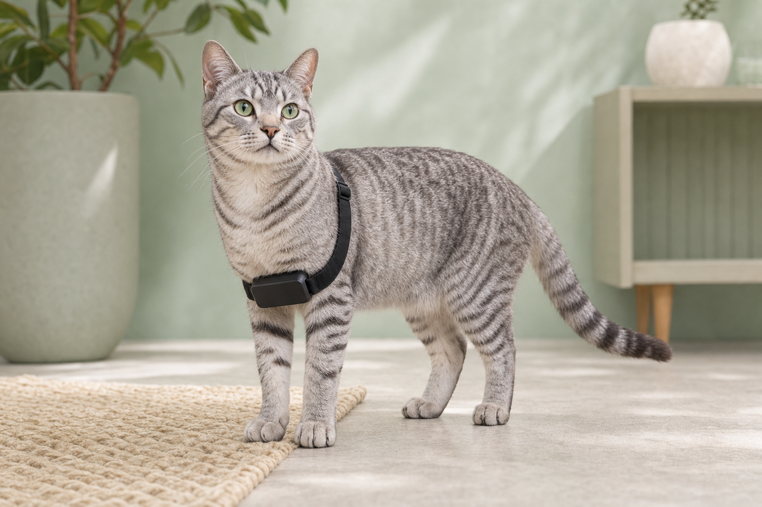 完整展示佩戴 PetPace 心电胸带的猫咪