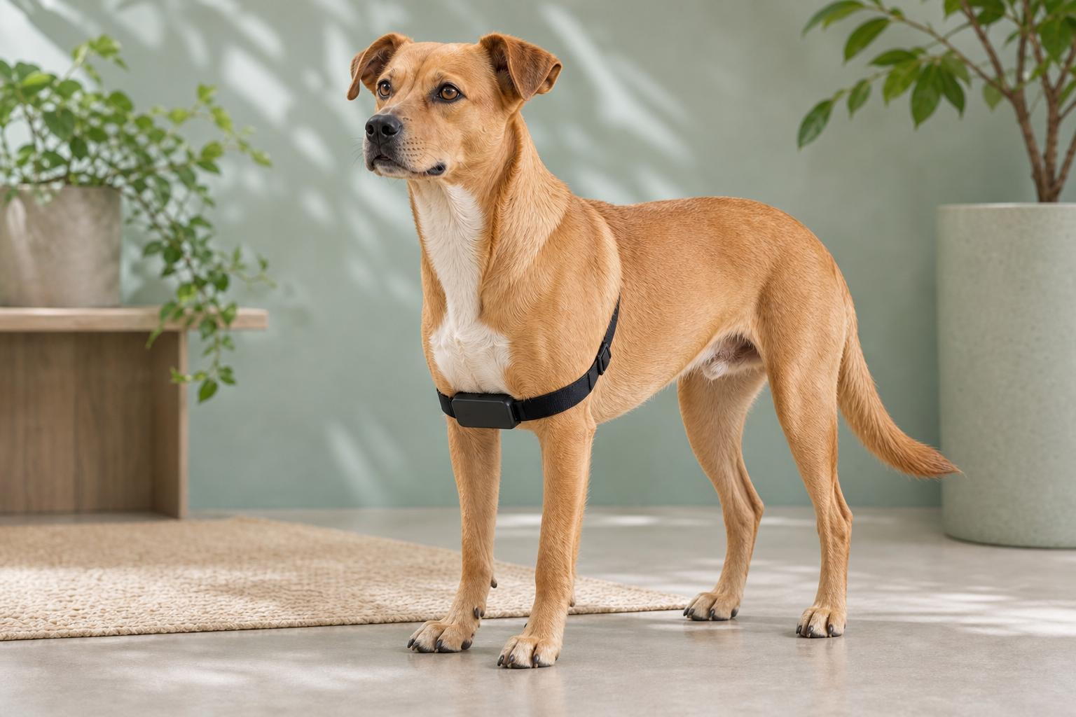 完整展示佩戴 PetPace 心电胸带的犬只